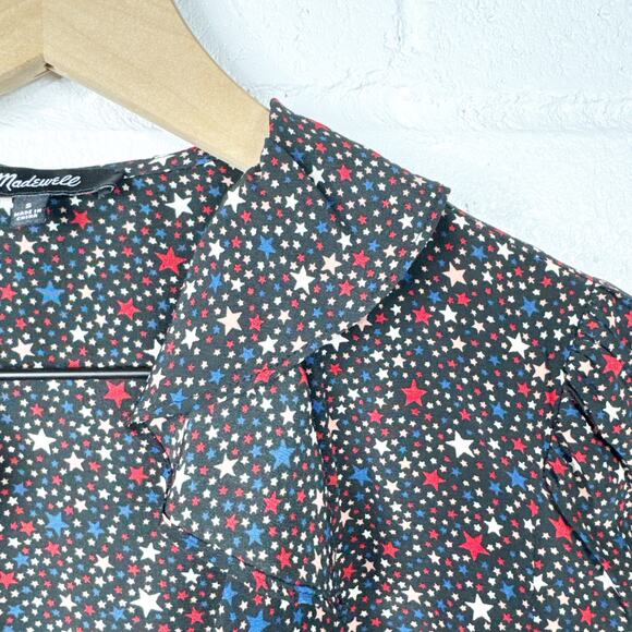 Madewell‎ Silk Wrap Blouse Womens Small Black Star Print Ruffle - Picture 6 of 10